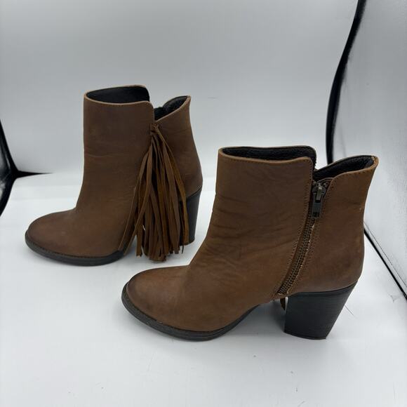Steve Madden Boots Womens 8.5 Woodstock Brown Leather Fringe Bootie Block Heel C - Picture 7 of 9